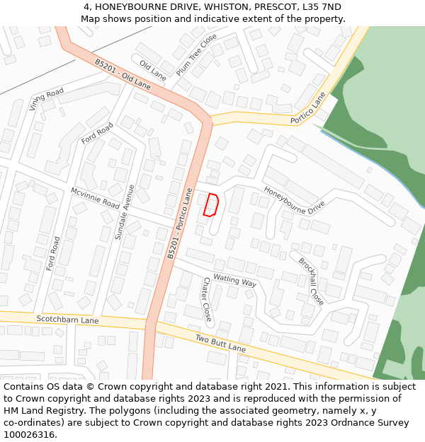 4, HONEYBOURNE DRIVE, WHISTON, PRESCOT, L35 7ND: Location map and indicative extent of plot