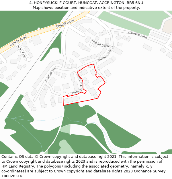 4, HONEYSUCKLE COURT, HUNCOAT, ACCRINGTON, BB5 6NU: Location map and indicative extent of plot