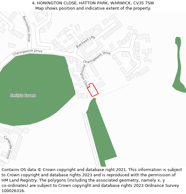 4, HONINGTON CLOSE, HATTON PARK, WARWICK, CV35 7SW: Location map and indicative extent of plot