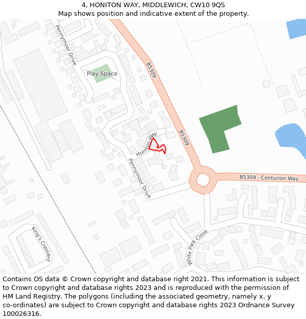 4, HONITON WAY, MIDDLEWICH, CW10 9QS: Location map and indicative extent of plot