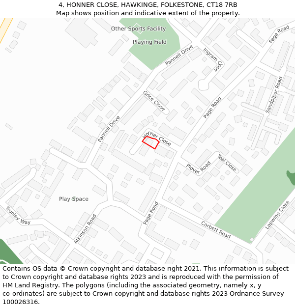 4, HONNER CLOSE, HAWKINGE, FOLKESTONE, CT18 7RB: Location map and indicative extent of plot