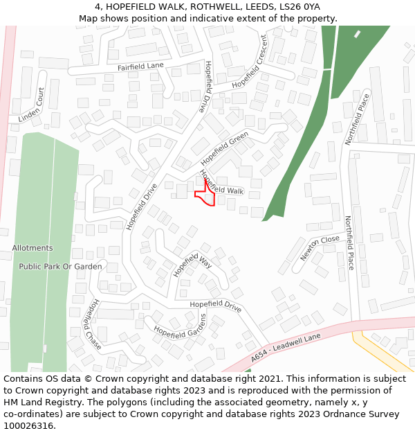 4, HOPEFIELD WALK, ROTHWELL, LEEDS, LS26 0YA: Location map and indicative extent of plot