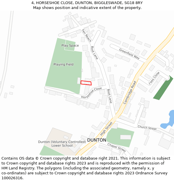 4, HORSESHOE CLOSE, DUNTON, BIGGLESWADE, SG18 8RY: Location map and indicative extent of plot