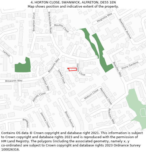 4, HORTON CLOSE, SWANWICK, ALFRETON, DE55 1EN: Location map and indicative extent of plot