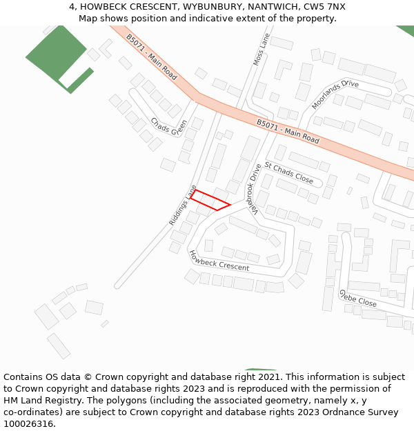 4, HOWBECK CRESCENT, WYBUNBURY, NANTWICH, CW5 7NX: Location map and indicative extent of plot