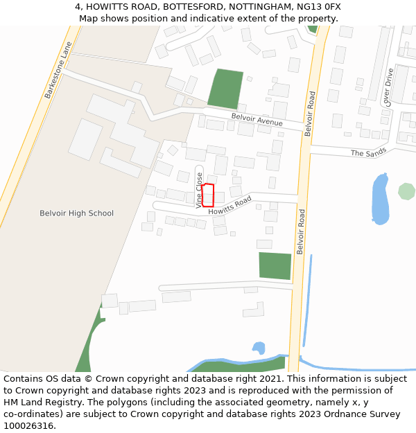 4, HOWITTS ROAD, BOTTESFORD, NOTTINGHAM, NG13 0FX: Location map and indicative extent of plot