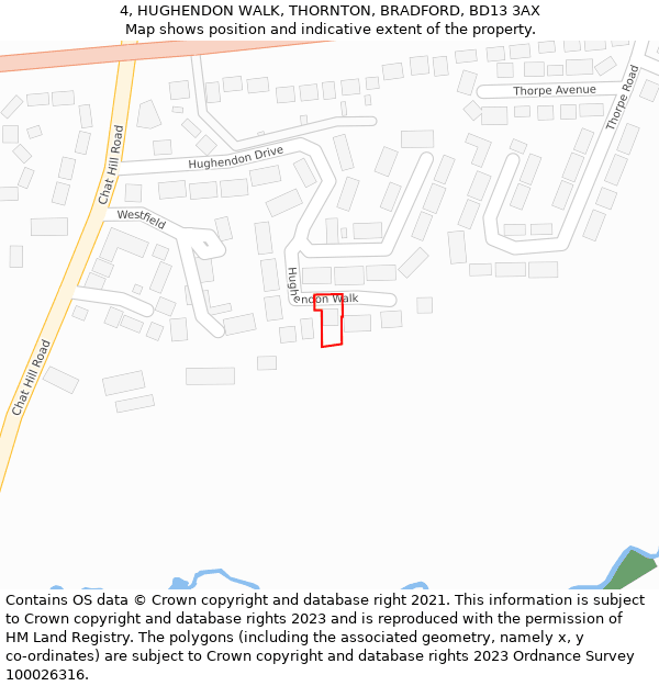4, HUGHENDON WALK, THORNTON, BRADFORD, BD13 3AX: Location map and indicative extent of plot