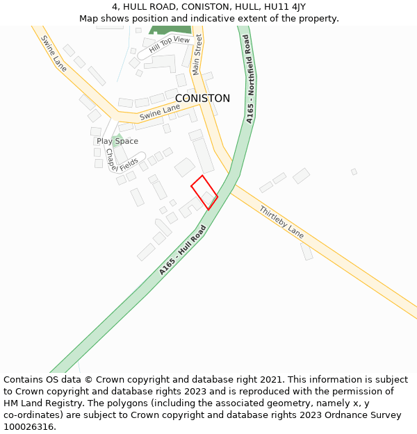 4, HULL ROAD, CONISTON, HULL, HU11 4JY: Location map and indicative extent of plot