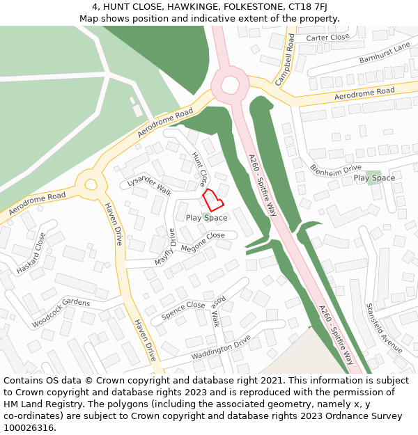 4, HUNT CLOSE, HAWKINGE, FOLKESTONE, CT18 7FJ: Location map and indicative extent of plot