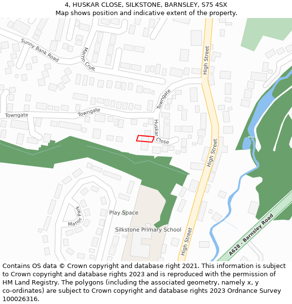 4, HUSKAR CLOSE, SILKSTONE, BARNSLEY, S75 4SX: Location map and indicative extent of plot