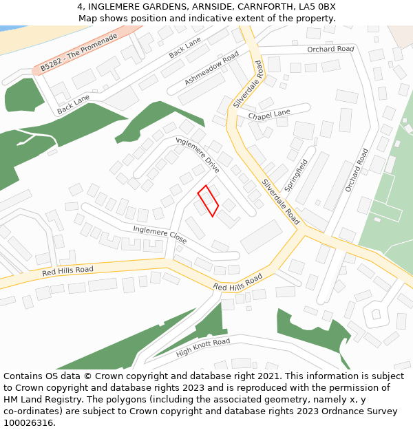 4, INGLEMERE GARDENS, ARNSIDE, CARNFORTH, LA5 0BX: Location map and indicative extent of plot