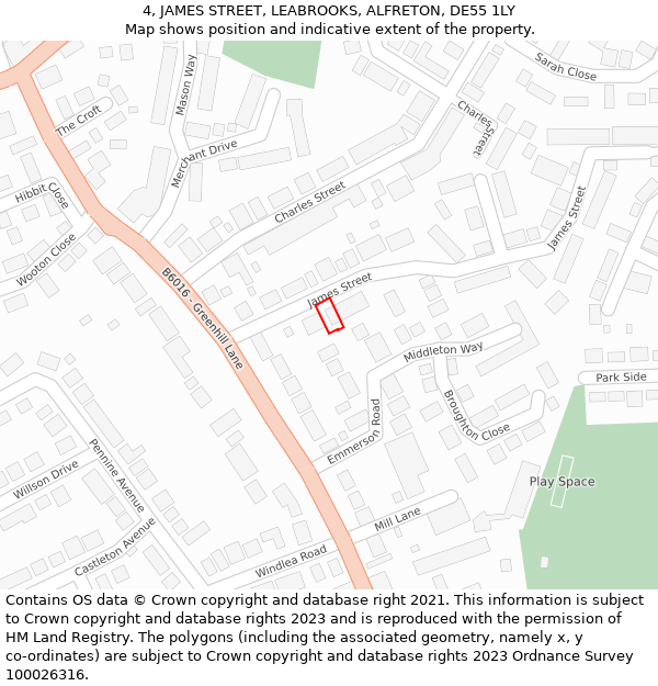 4, JAMES STREET, LEABROOKS, ALFRETON, DE55 1LY: Location map and indicative extent of plot