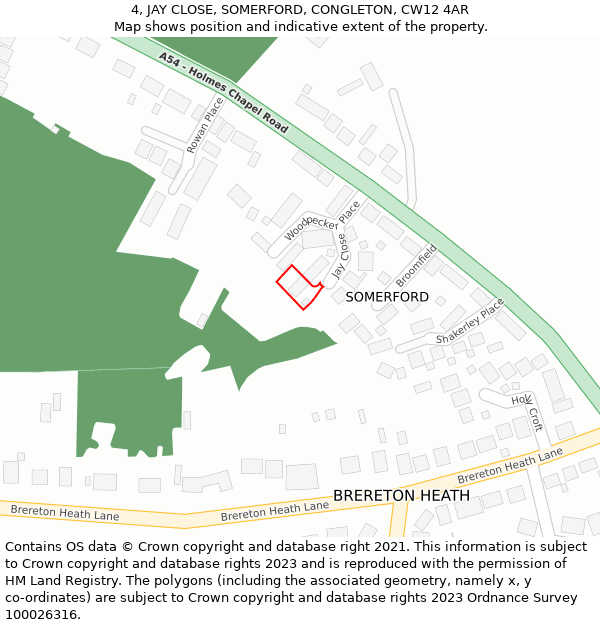 4, JAY CLOSE, SOMERFORD, CONGLETON, CW12 4AR: Location map and indicative extent of plot