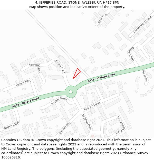 4, JEFFERIES ROAD, STONE, AYLESBURY, HP17 8PN: Location map and indicative extent of plot