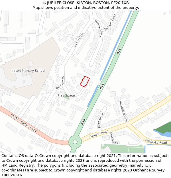 4, JUBILEE CLOSE, KIRTON, BOSTON, PE20 1XB: Location map and indicative extent of plot