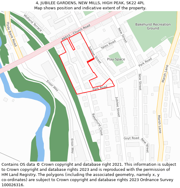 4, JUBILEE GARDENS, NEW MILLS, HIGH PEAK, SK22 4PL: Location map and indicative extent of plot