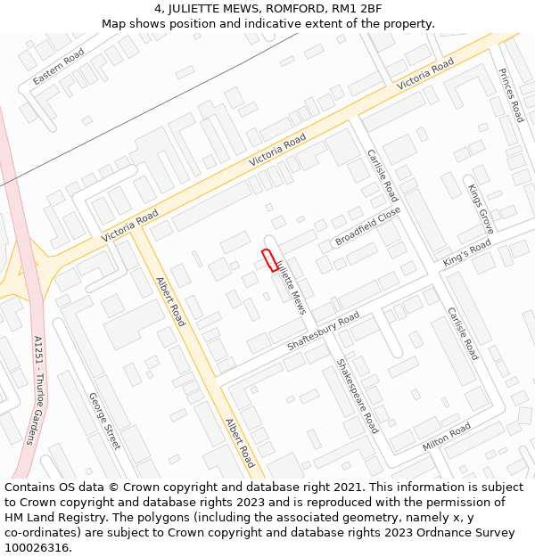 4, JULIETTE MEWS, ROMFORD, RM1 2BF: Location map and indicative extent of plot