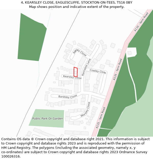 4, KEARSLEY CLOSE, EAGLESCLIFFE, STOCKTON-ON-TEES, TS16 0BY: Location map and indicative extent of plot