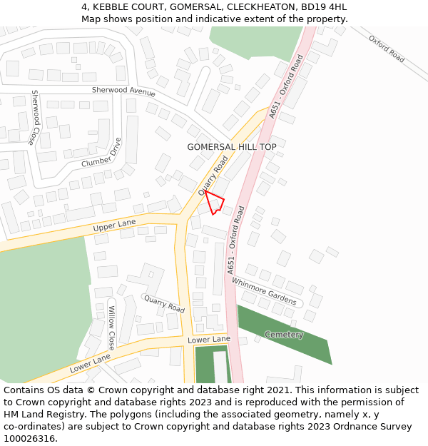 4, KEBBLE COURT, GOMERSAL, CLECKHEATON, BD19 4HL: Location map and indicative extent of plot