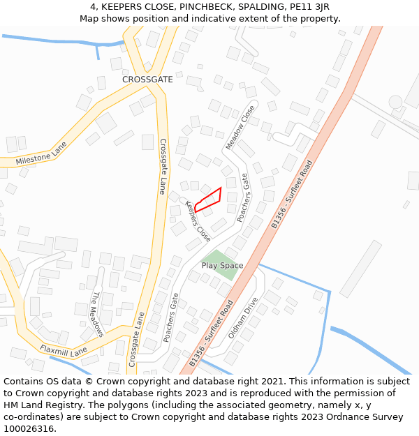 4, KEEPERS CLOSE, PINCHBECK, SPALDING, PE11 3JR: Location map and indicative extent of plot