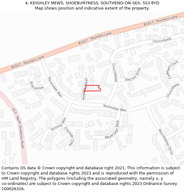 4, KEIGHLEY MEWS, SHOEBURYNESS, SOUTHEND-ON-SEA, SS3 8YD: Location map and indicative extent of plot