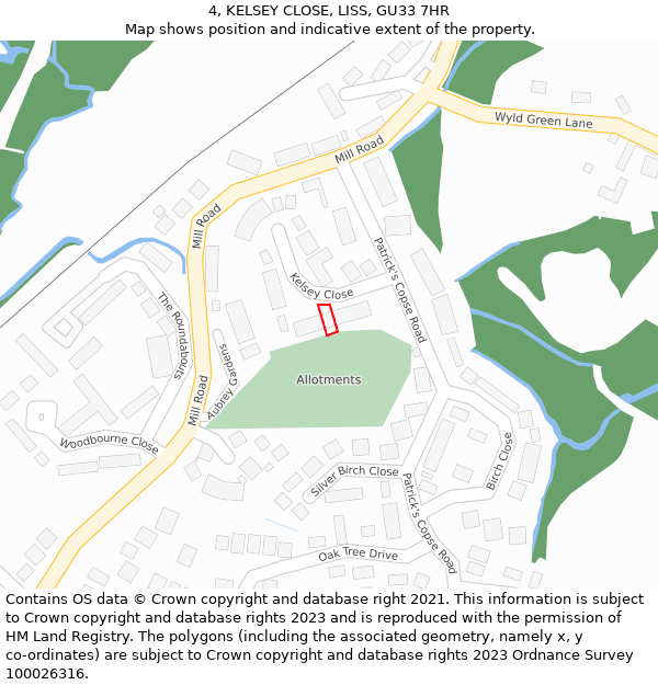 4, KELSEY CLOSE, LISS, GU33 7HR: Location map and indicative extent of plot