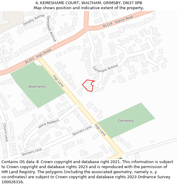 4, KEMESHAME COURT, WALTHAM, GRIMSBY, DN37 0PB: Location map and indicative extent of plot