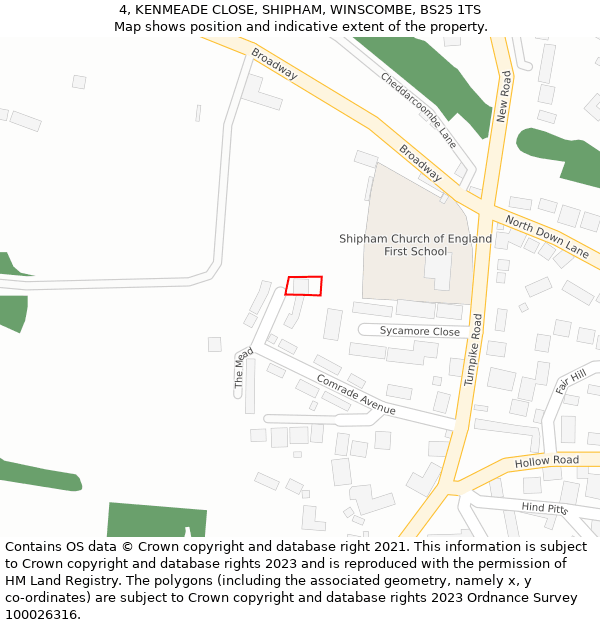 4, KENMEADE CLOSE, SHIPHAM, WINSCOMBE, BS25 1TS: Location map and indicative extent of plot