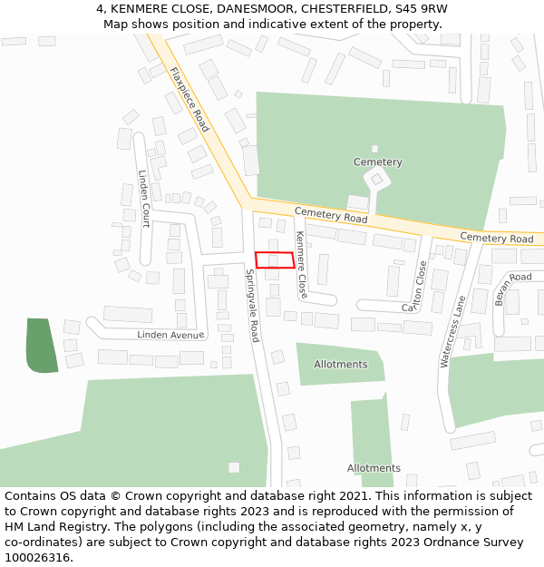 4, KENMERE CLOSE, DANESMOOR, CHESTERFIELD, S45 9RW: Location map and indicative extent of plot