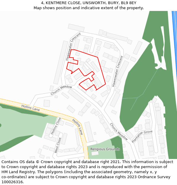 4, KENTMERE CLOSE, UNSWORTH, BURY, BL9 8EY: Location map and indicative extent of plot