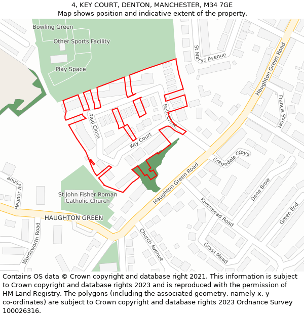 4, KEY COURT, DENTON, MANCHESTER, M34 7GE: Location map and indicative extent of plot