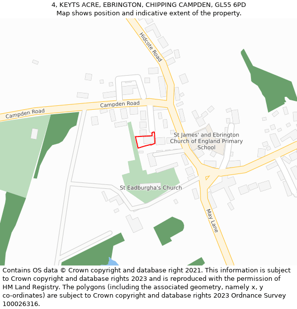 4, KEYTS ACRE, EBRINGTON, CHIPPING CAMPDEN, GL55 6PD: Location map and indicative extent of plot