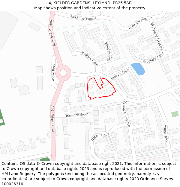 4, KIELDER GARDENS, LEYLAND, PR25 5AB: Location map and indicative extent of plot