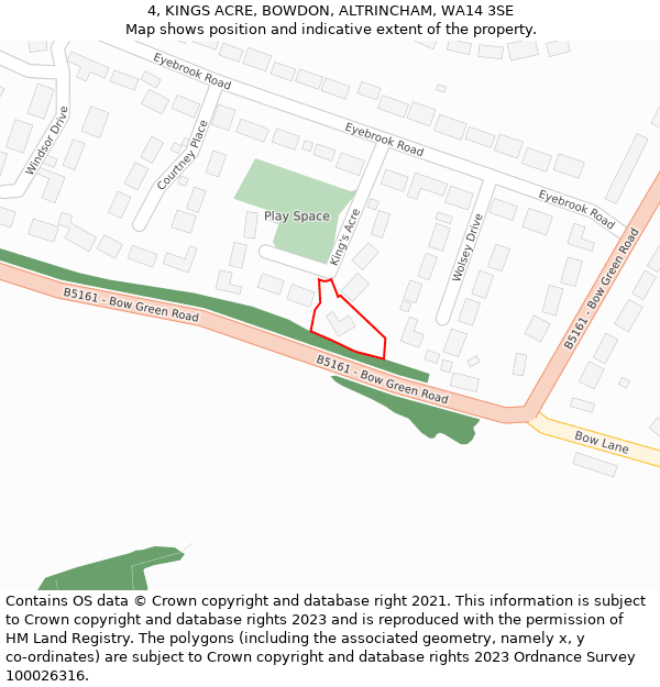 4, KINGS ACRE, BOWDON, ALTRINCHAM, WA14 3SE: Location map and indicative extent of plot