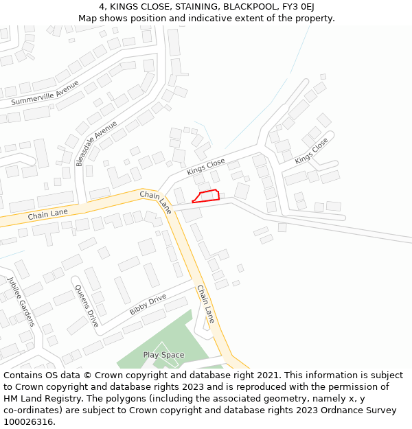 4, KINGS CLOSE, STAINING, BLACKPOOL, FY3 0EJ: Location map and indicative extent of plot