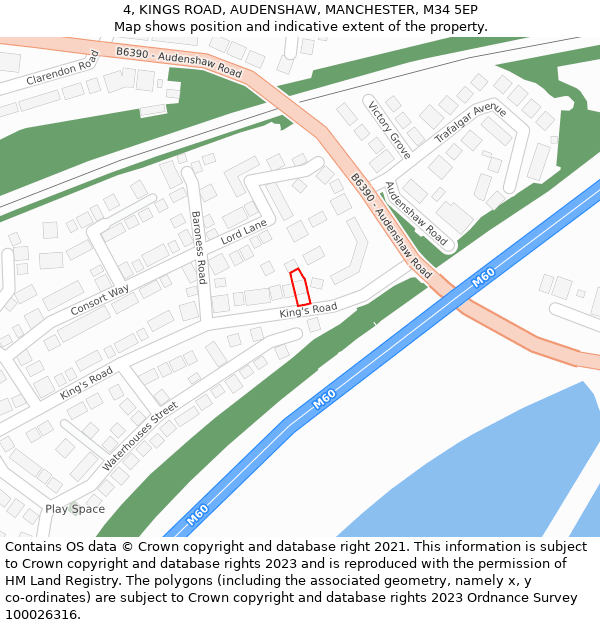 4, KINGS ROAD, AUDENSHAW, MANCHESTER, M34 5EP: Location map and indicative extent of plot