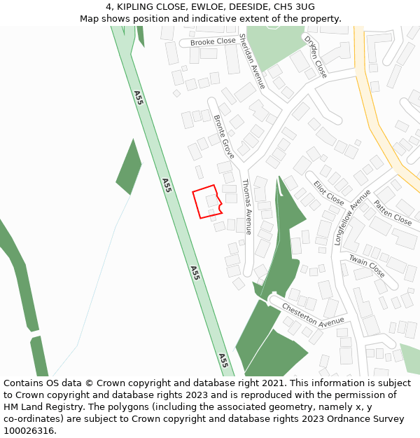 4, KIPLING CLOSE, EWLOE, DEESIDE, CH5 3UG: Location map and indicative extent of plot