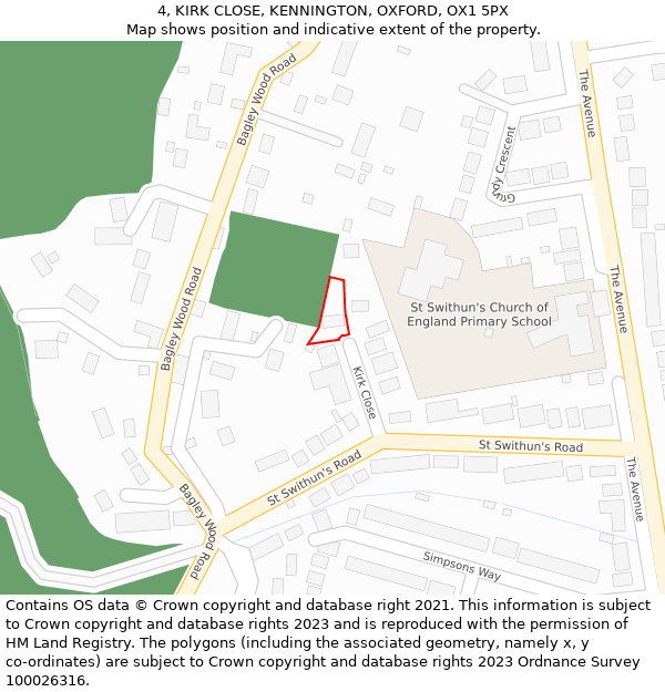 4, KIRK CLOSE, KENNINGTON, OXFORD, OX1 5PX: Location map and indicative extent of plot