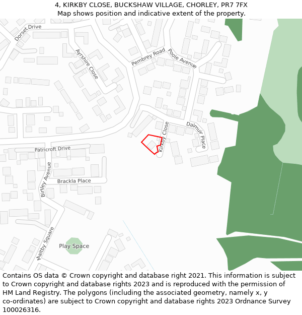 4, KIRKBY CLOSE, BUCKSHAW VILLAGE, CHORLEY, PR7 7FX: Location map and indicative extent of plot