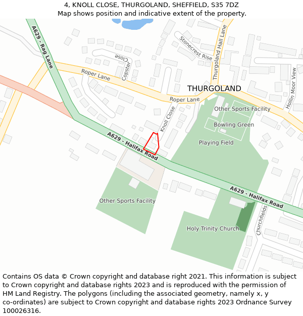 4, KNOLL CLOSE, THURGOLAND, SHEFFIELD, S35 7DZ: Location map and indicative extent of plot