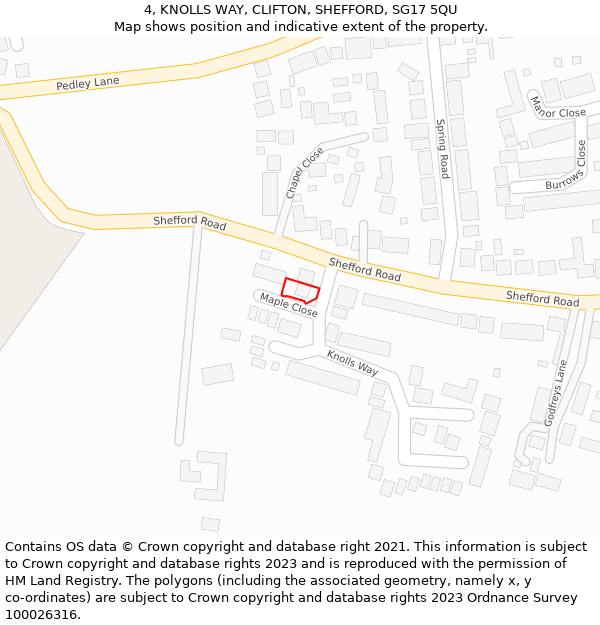 4, KNOLLS WAY, CLIFTON, SHEFFORD, SG17 5QU: Location map and indicative extent of plot