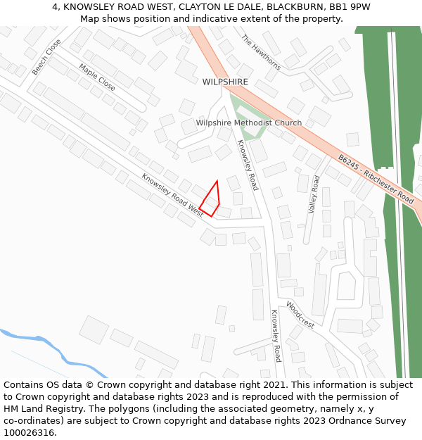 4, KNOWSLEY ROAD WEST, CLAYTON LE DALE, BLACKBURN, BB1 9PW: Location map and indicative extent of plot