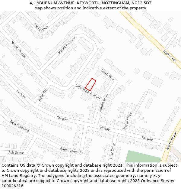 4, LABURNUM AVENUE, KEYWORTH, NOTTINGHAM, NG12 5DT: Location map and indicative extent of plot