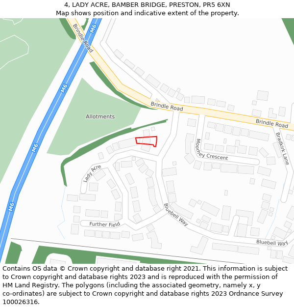 4, LADY ACRE, BAMBER BRIDGE, PRESTON, PR5 6XN: Location map and indicative extent of plot