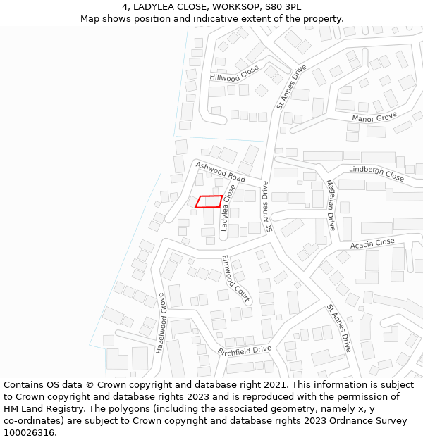 4, LADYLEA CLOSE, WORKSOP, S80 3PL: Location map and indicative extent of plot