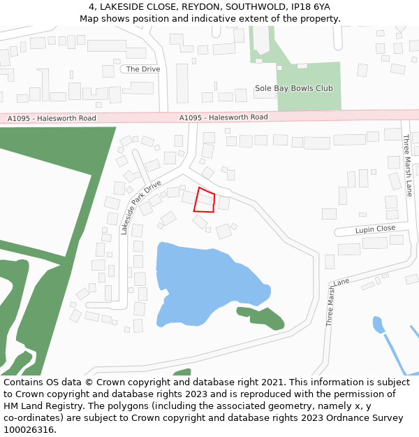 4, LAKESIDE CLOSE, REYDON, SOUTHWOLD, IP18 6YA: Location map and indicative extent of plot