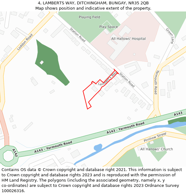 4, LAMBERTS WAY, DITCHINGHAM, BUNGAY, NR35 2QB: Location map and indicative extent of plot