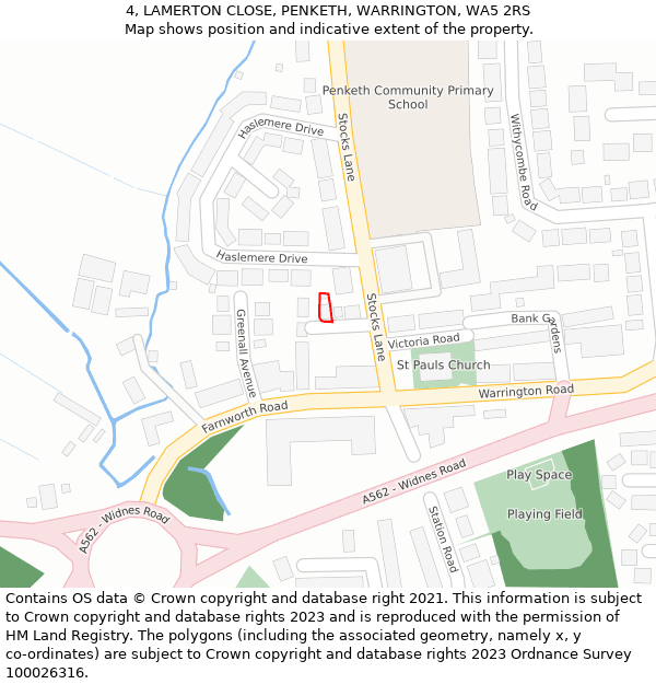 4, LAMERTON CLOSE, PENKETH, WARRINGTON, WA5 2RS: Location map and indicative extent of plot