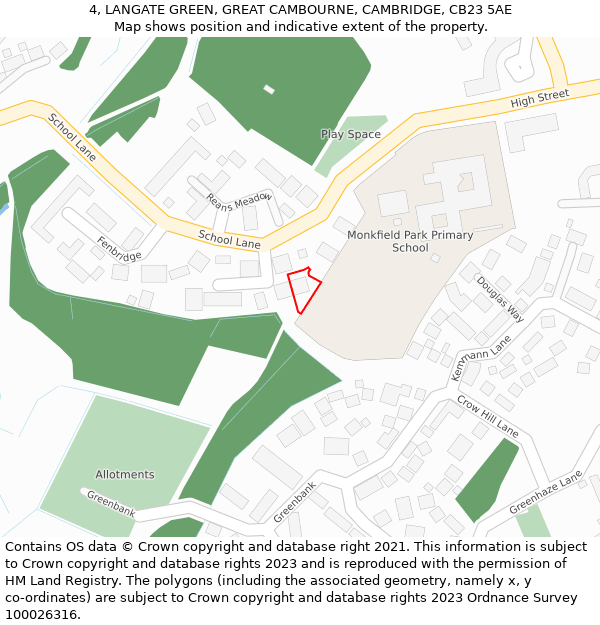 4, LANGATE GREEN, GREAT CAMBOURNE, CAMBRIDGE, CB23 5AE: Location map and indicative extent of plot