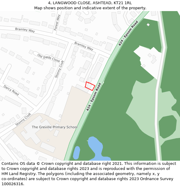 4, LANGWOOD CLOSE, ASHTEAD, KT21 1RL: Location map and indicative extent of plot